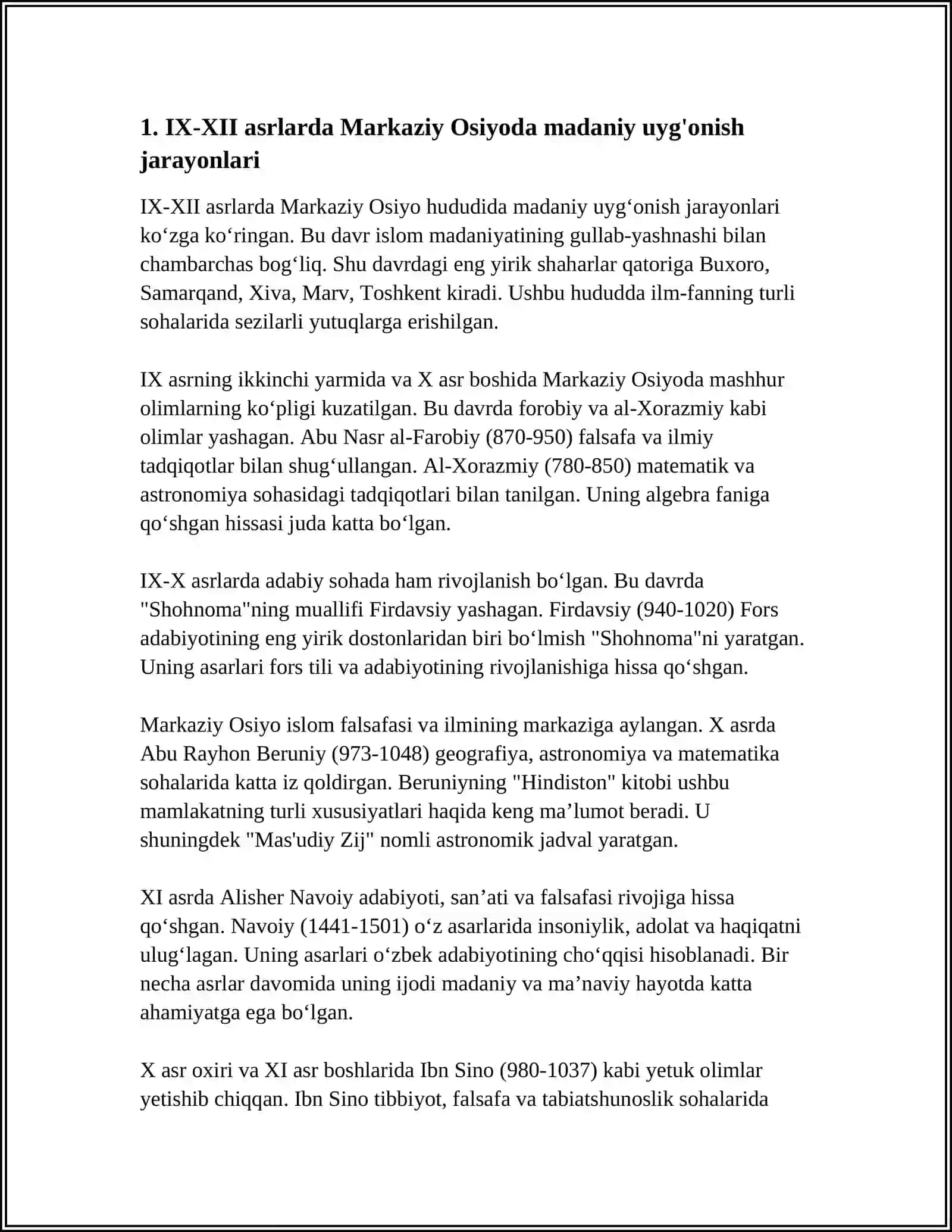 9-12 ASIRLARDA MAMLAKATIMIZ HUDUDIDA ROY BERGAN MADANIY UYGONISH. BUYUK ALLOMALARNING JAHON SIVILIZATSIYASIGA QOSHGAN HISASSI 4