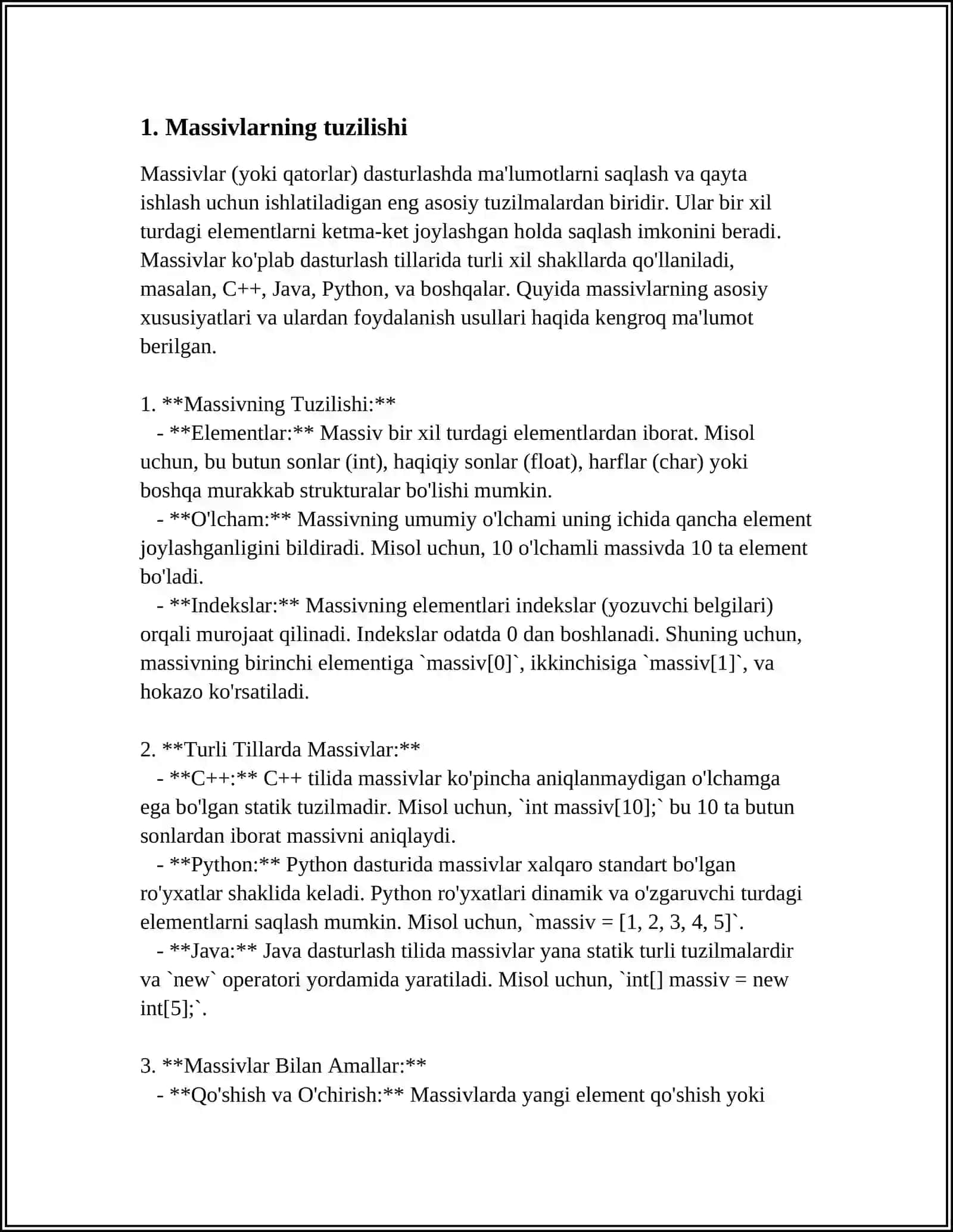 MA'LUMOTLARNING SOZLANGAN TURLARI: MASSIVLAR, VEKTORLAR, YOZUVLAR, TO‘PLAMLAR VA KO‘RSATKICHLI TURLAR 4