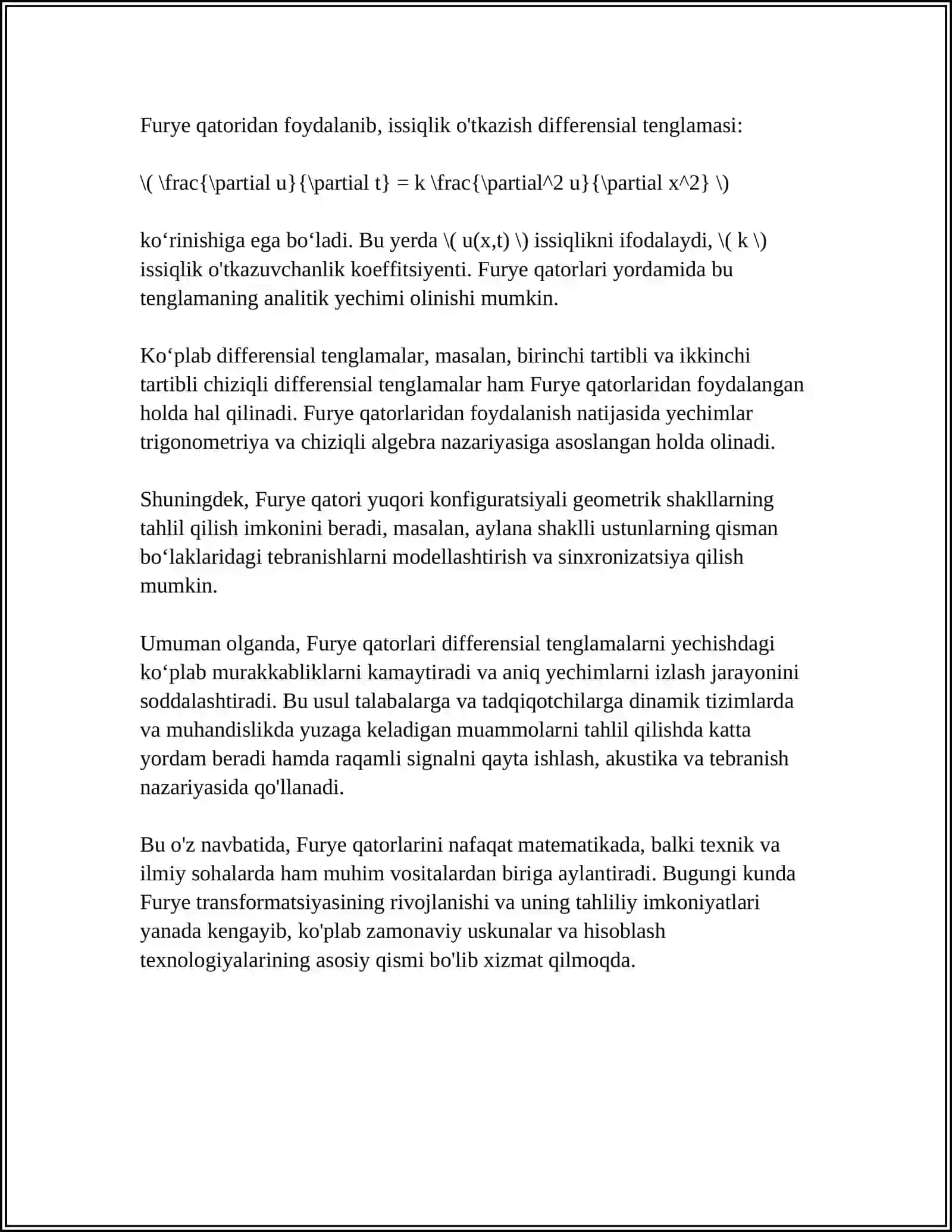 DIFFERENSIAL TENGLAMALARNI YECHISHDA FURYE QATORLARINING QOʻLLANILISHI 4