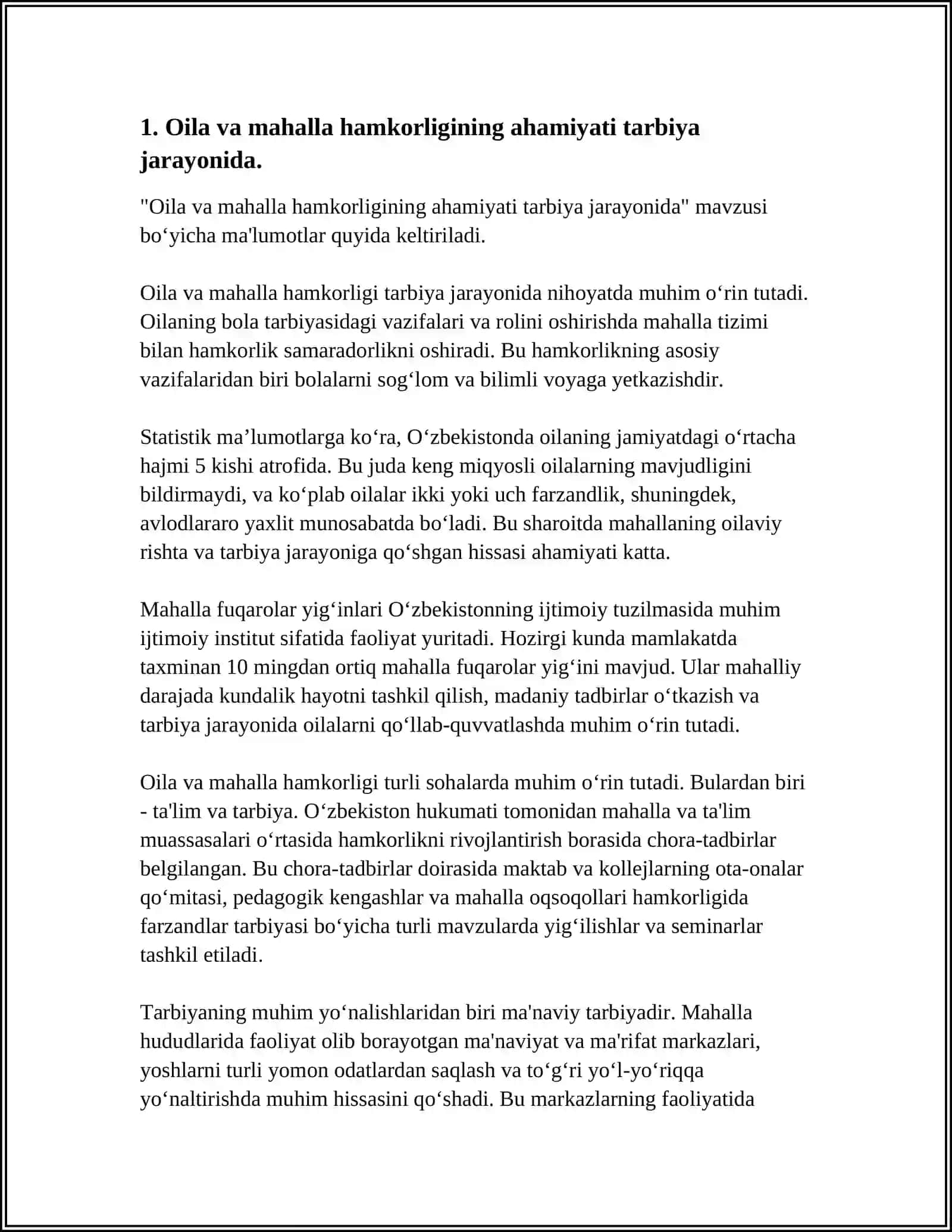 TARBIYA JARAYONIDA OILA MAHALLA HAMDA TA'LIM MUASSALARINING HAMKORLIGINI YO'LGA QO'YISHNING SHALL VA METODLARI 4