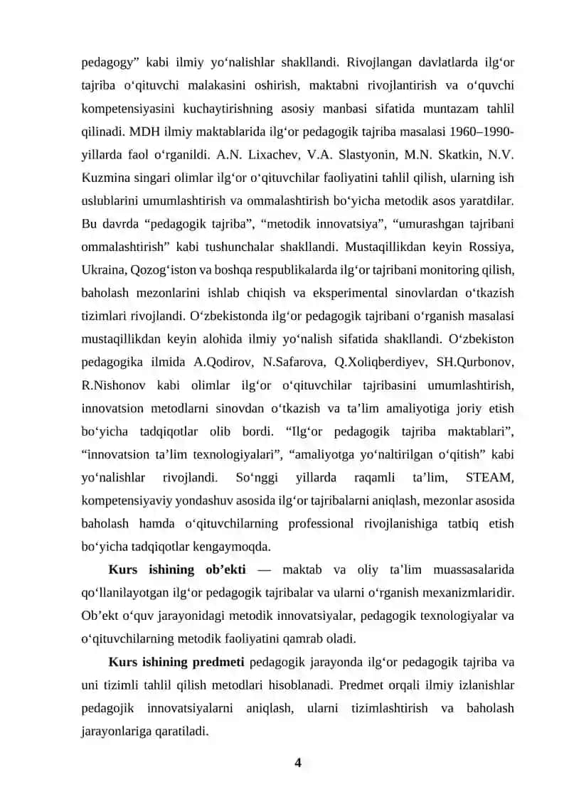 ILG‘OR PEDAGOGIK TAJRIBA: MOHIYATI, MEZONLARI VA TAHLIL METODLARI 4
