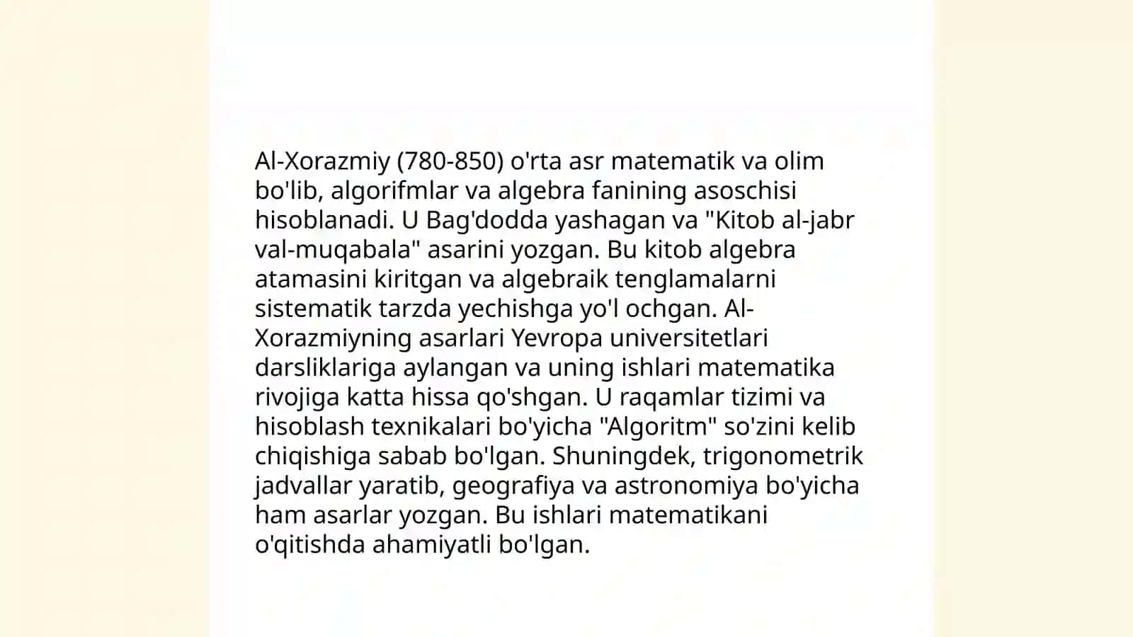 Sharq uyg’onish davrida pedagogik fikr taraqqiyoti (AI-Xorazmiy, al Forobiy, Abu Rayhon Beruniy, Abu Ali ibn Sinoning ta'lim 4