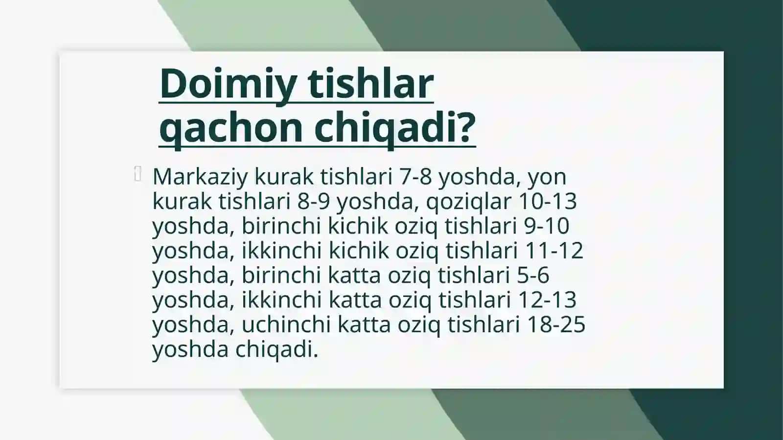 Doimiy tishlarning chiqish muddati, ildizining shakllanishi, sut va doimiy tishlar orasidagi farqlar 4
