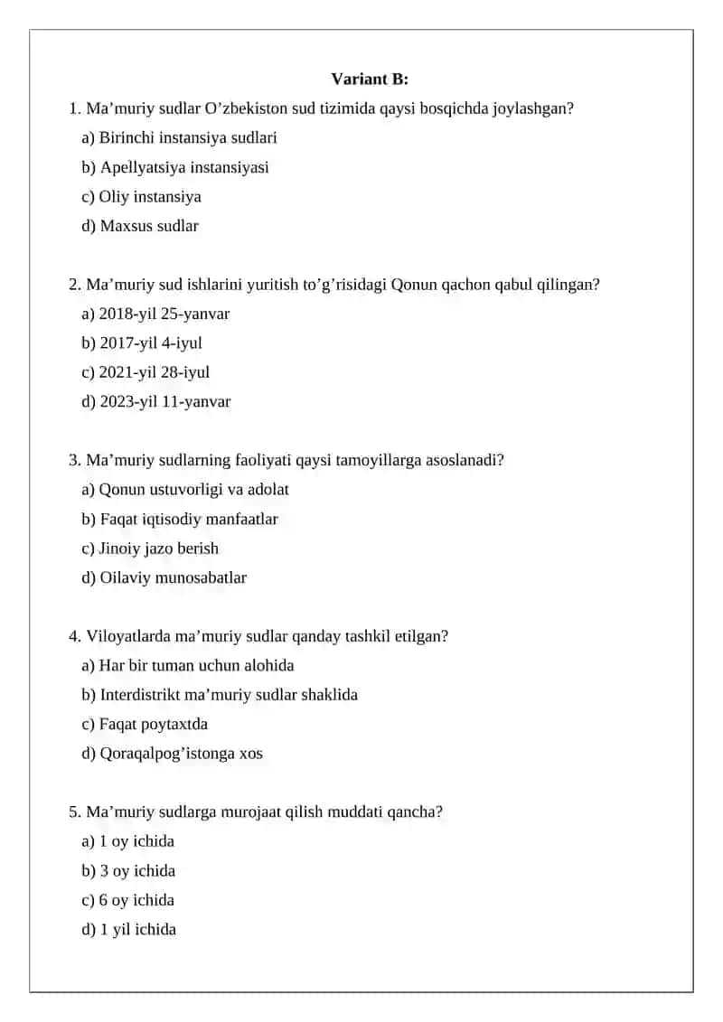 Ma’muriy sudlar bo’yicha Test 4