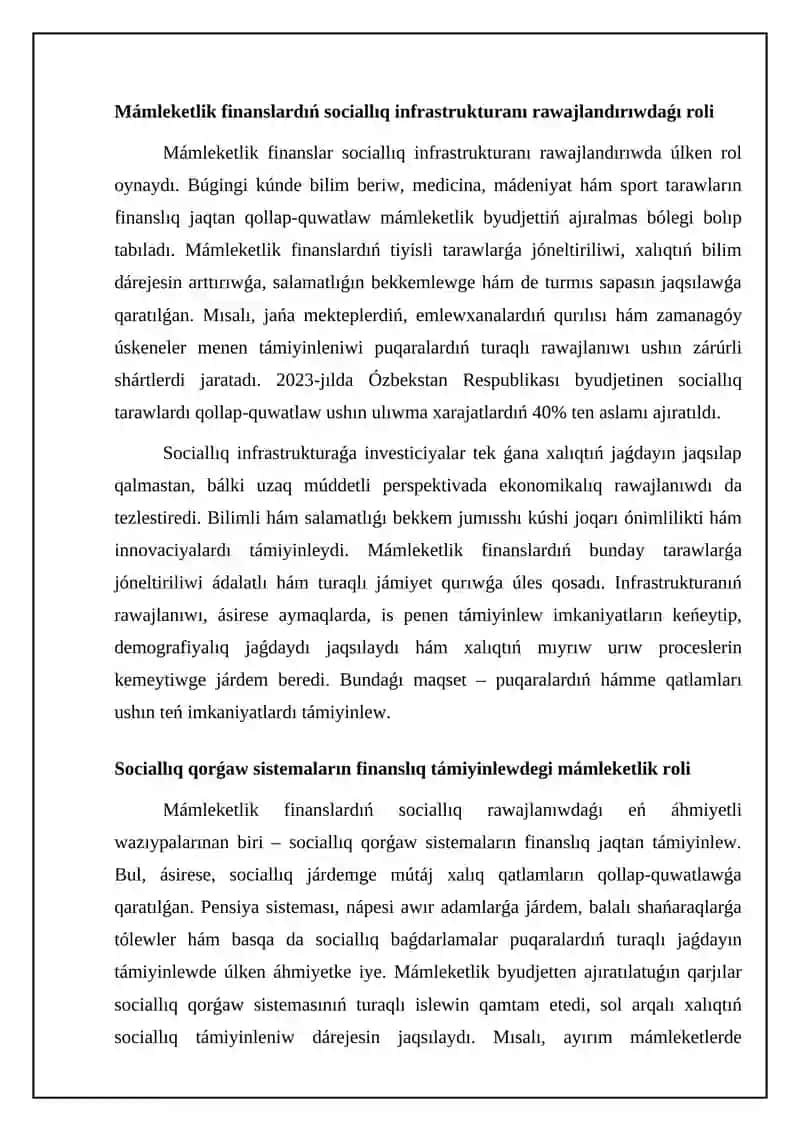 Mámleketlik finanslardıń sociallıq rawajlanıwdaǵı roli hám wazıypaları 4