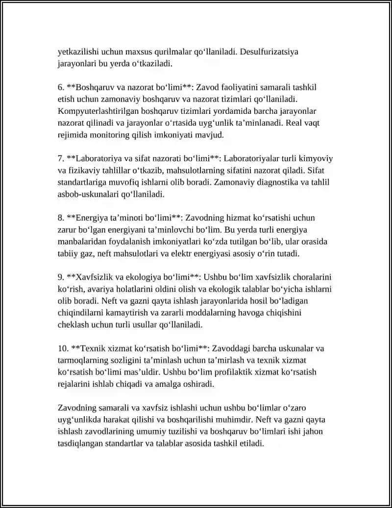 Neft va gazni qayta ishlash zavodlarining umumiy tuzilishi va boshqaruv bo‘limlari 4