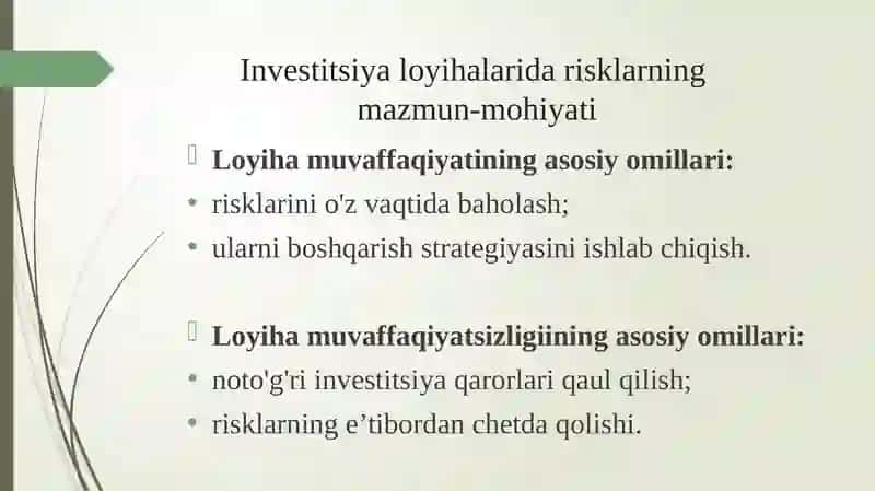 Investitsiya loyihalarini moliyalashtirishda risklarni baholash va boshqarish 4