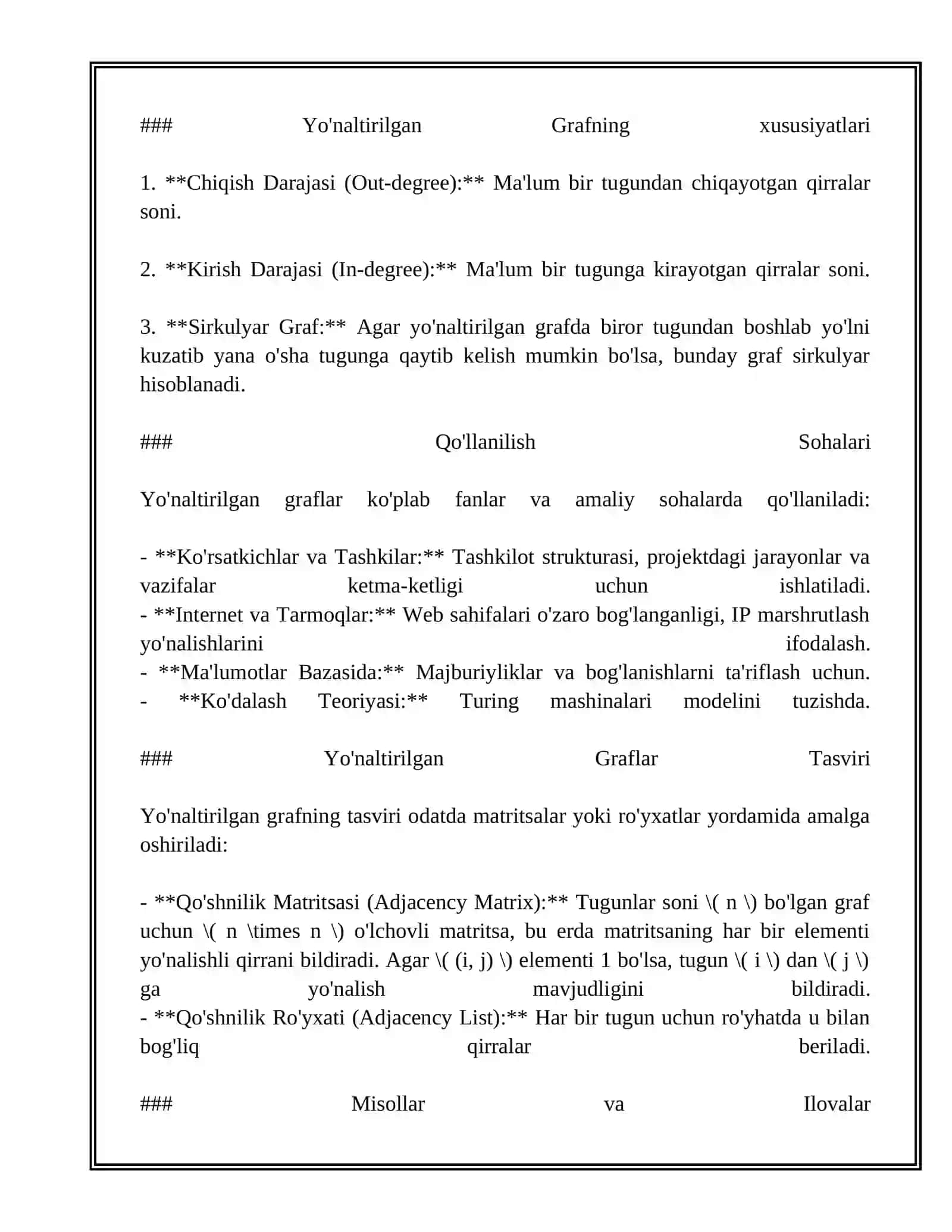 Yo'naltirilgan Graflar Asoslari mavzusida tayyor mustaqil ta'lim ishi 4