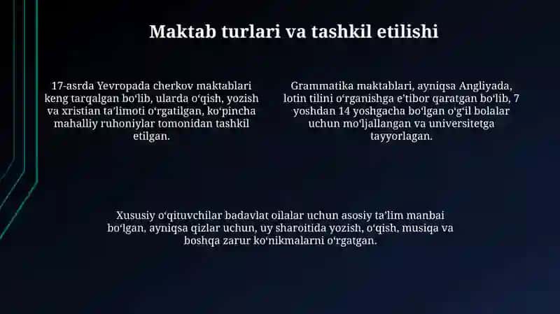 XVII asrdan XVIII asrning ikkinchi yarmigacha boshlangʻich taʼlim 4