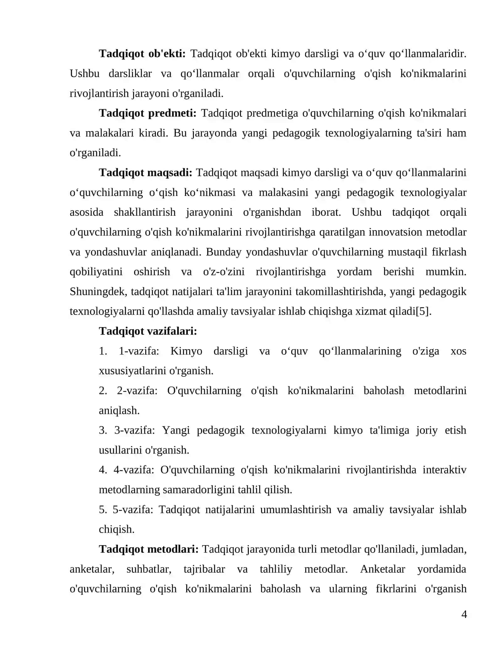 Kimyo darsligi va oʻquv qoʻllanmalarini oʻquvchilarning oʻqish koʻnikmasi va malakasini yangi pedagogik texnologiyalar asosida shakllantirish 4