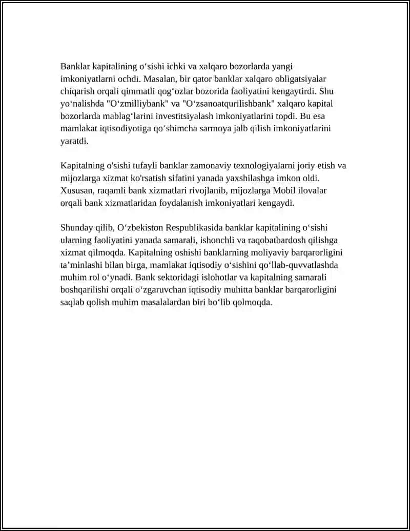 OʻZBEKISTON RESPUBLIKASI BANKLARINING KAPITALLASHISH DARAJASINI OSHIRISH SIYOSATI VA UNING OʻZIGA XOS XUSUSIYATLARI 4