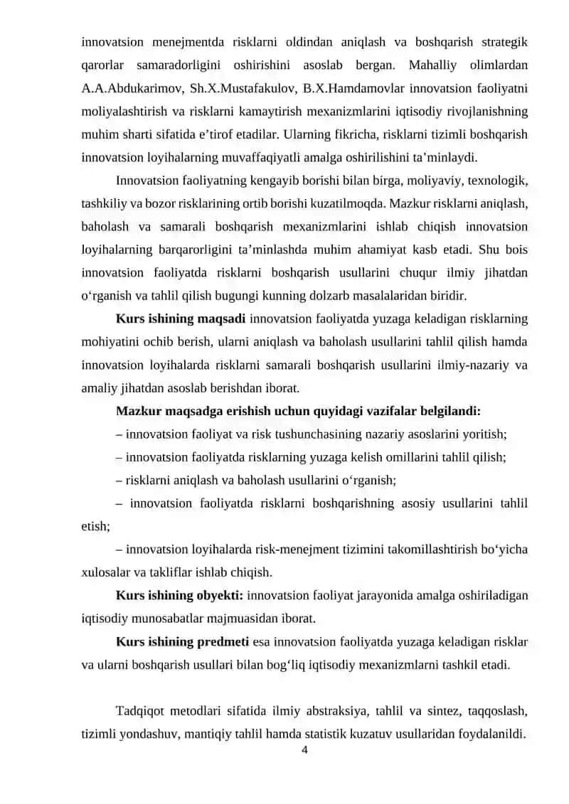 Kuris ishi: Innоvаtsiоn fаоliyаtdа risklаrni bоshqаrish usullаri 4
