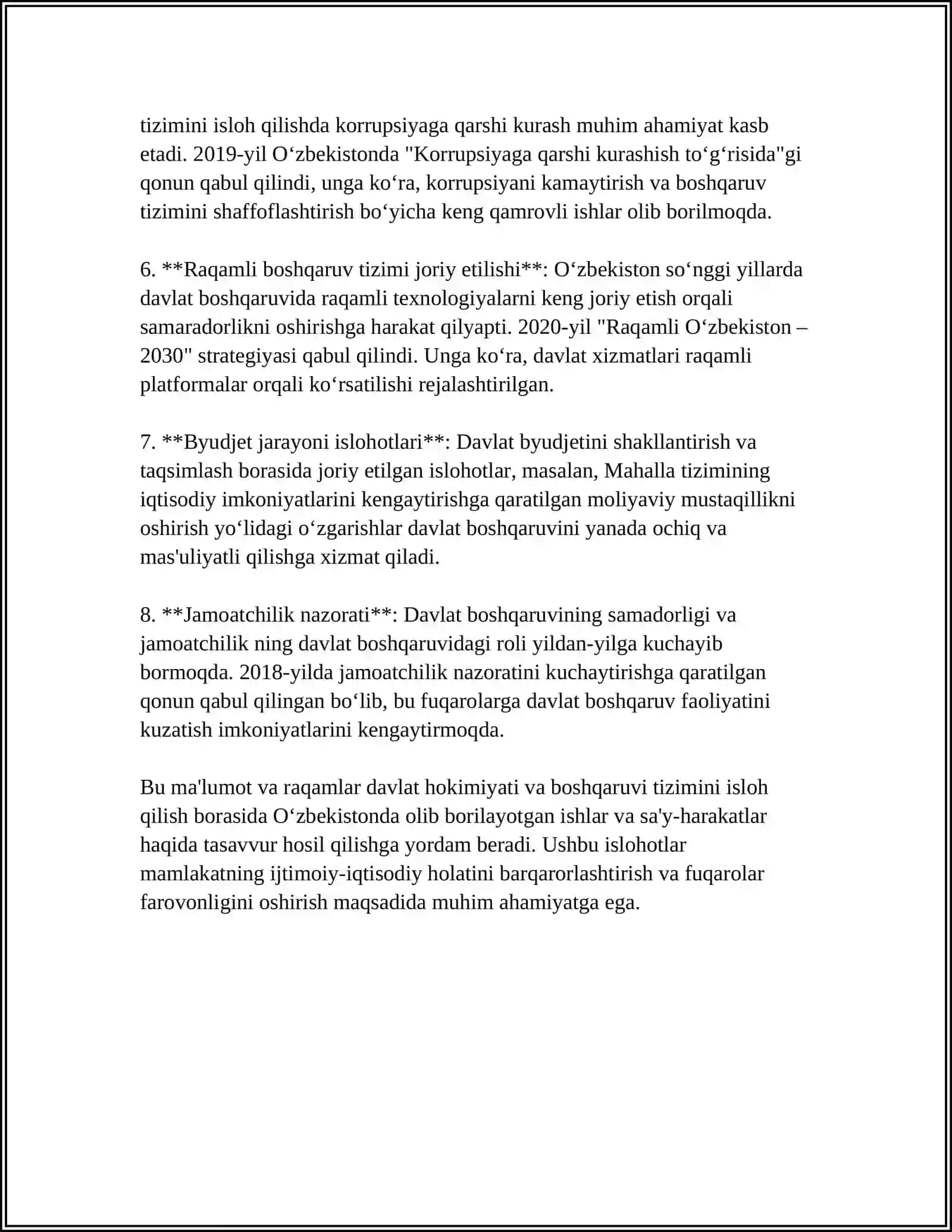 MUSTAQILLIK YILLARIDA DAVLAT BOSHQARUVI TIZIMIDA AMALGA OSHIRILGAN ISLOHOTLAR 4