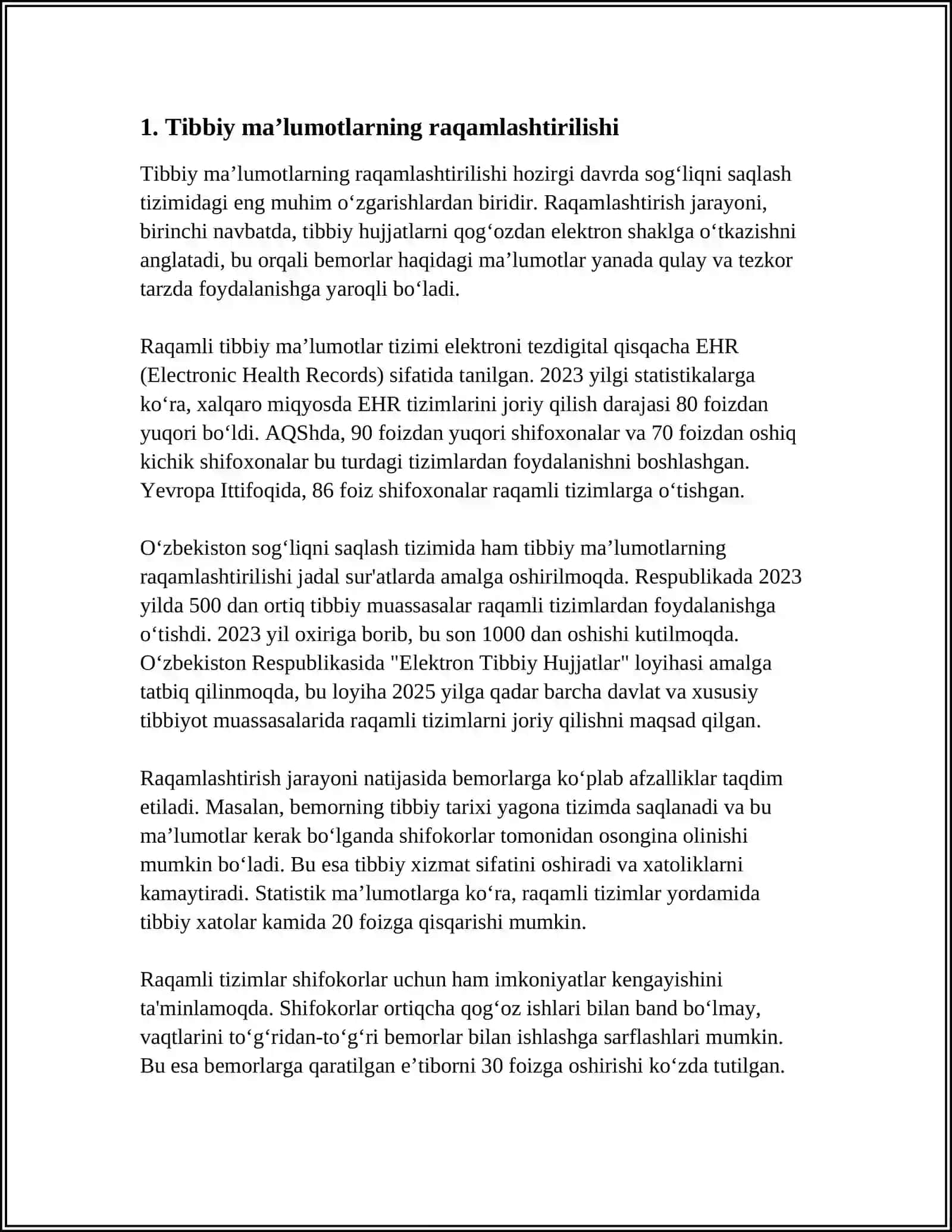 TIBBIYOTNI RAQAMLASHTIRISH. ZAMONAVIY AXBOROT TEXNOLOGIYALARINING TIBBIYOTDA QOʻLLANILISHI 4