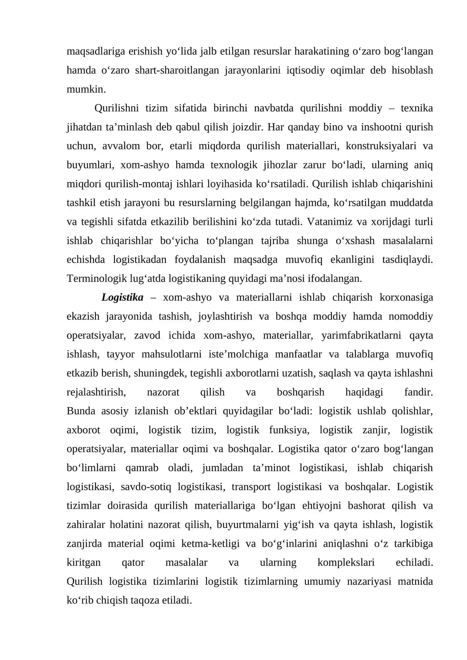 Qurilish moddiy – texnika ta’minotini tashkil etish tizimida logistika 4