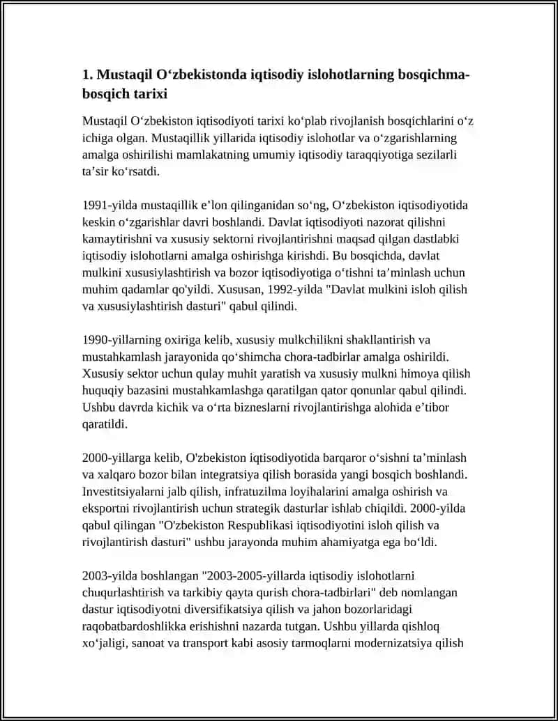 IQTISODIY ISLOHATLAR XUSUSIY MULKCHILIK SHAKLLANISHI. OZBEKISTON BOZOR MUNOSABATLARINING RIVOJLANISHI 4