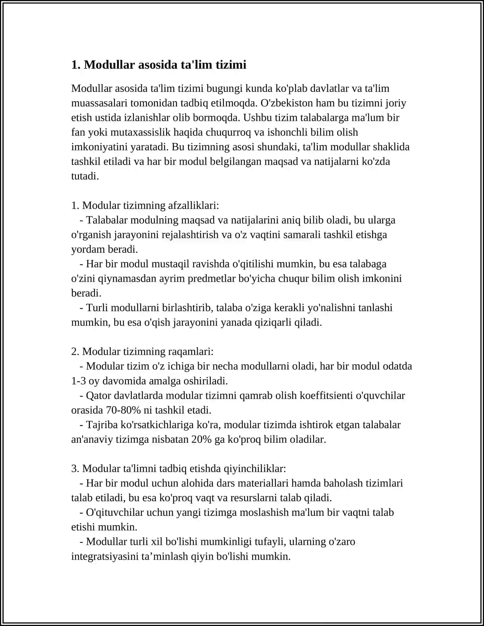 MODUL BOʻYICHA OʻZLASHTIRISH SIFATINI BAHOLASH VA OʻQUV JARAYONINI REJALASHTIRISH, MONITORING OLIB BORISH VA TA’LIM SIFATINI TA’MINLASH, TALABALAR BILIMINI BAHOLASH VA NAZORAT QILISH 4