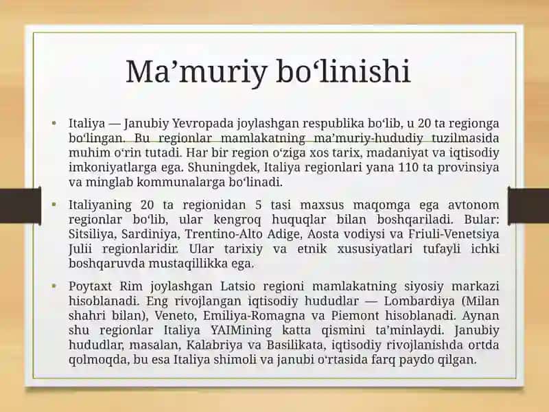 Italiya–ma’muriy birliklari, aholisi va iqtisodiyoti 4