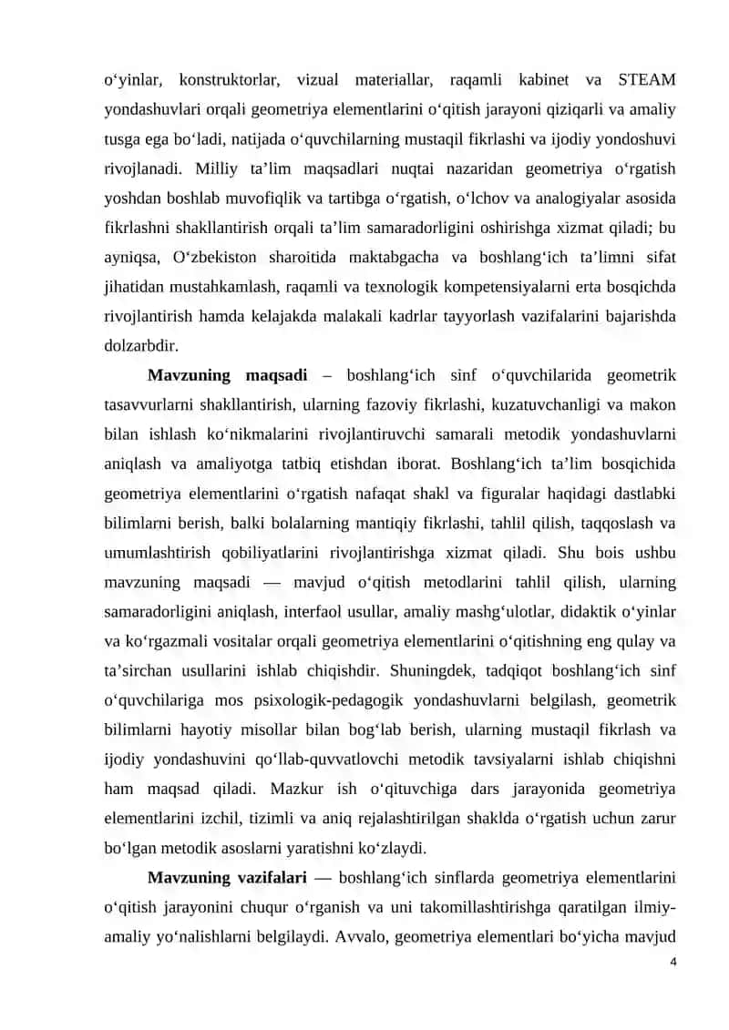 BOSHLANG‘ICH SINFLARDA MATEMATIKA O‘QITISHDA GEOMETRIRYA ELEMENTLARINI O‘RGATISH METODIKASI 4