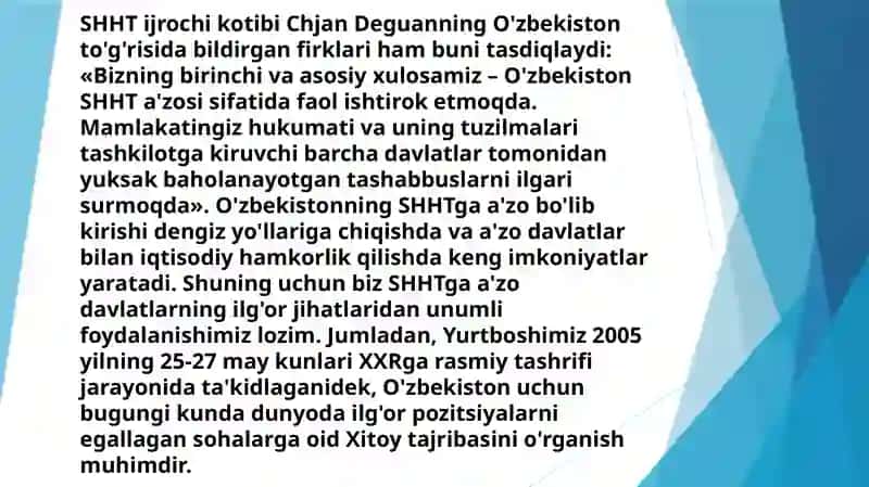 O'zbekistonning SHXT bilan hamkorlik  munosabatlari 4