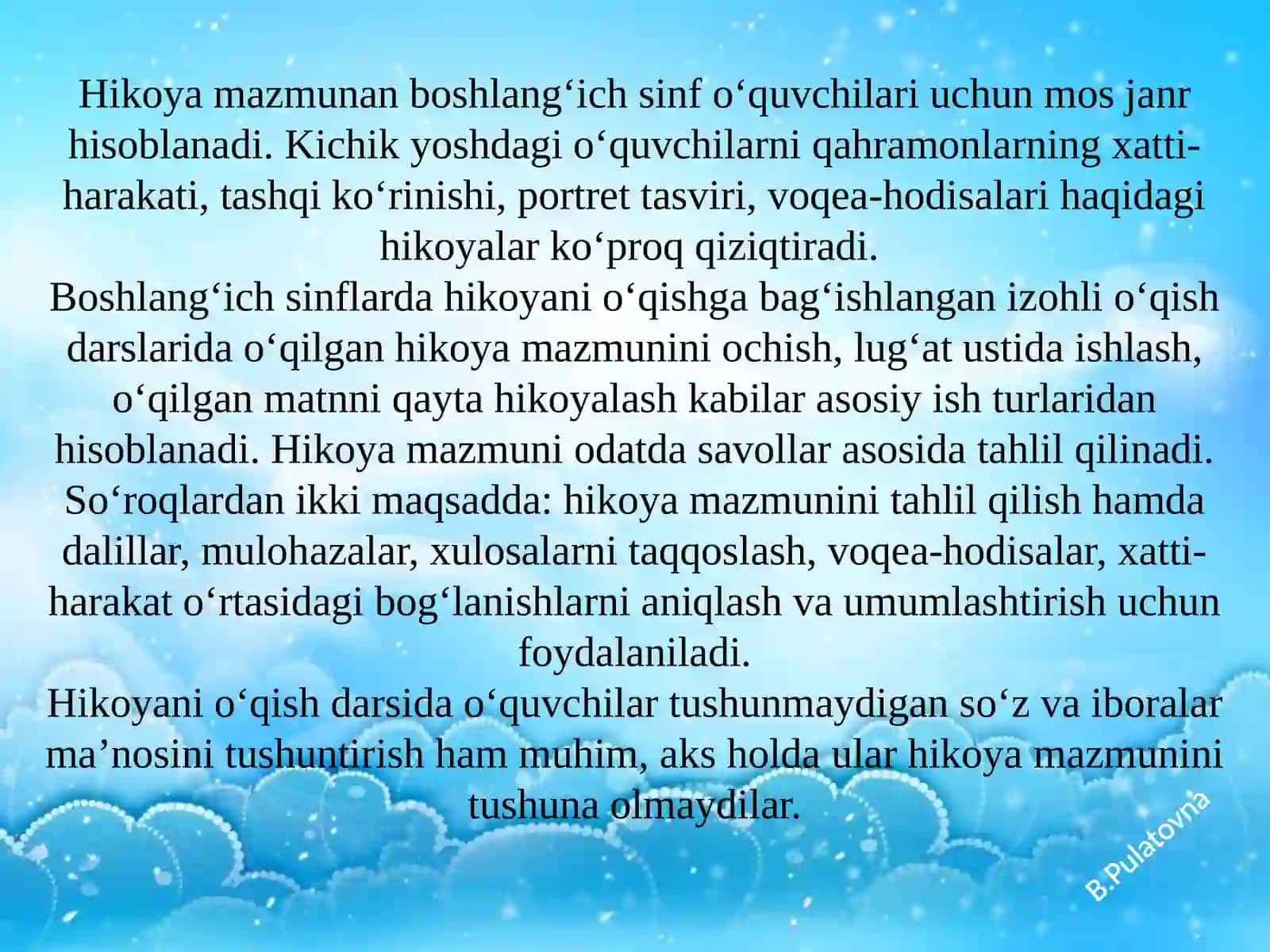 Hikoya janridagi asarni o‘qitish mеtodikasi. She’riy nutqning xususiyatlari. She’rni tahlil qilish uslubiyoti 4
