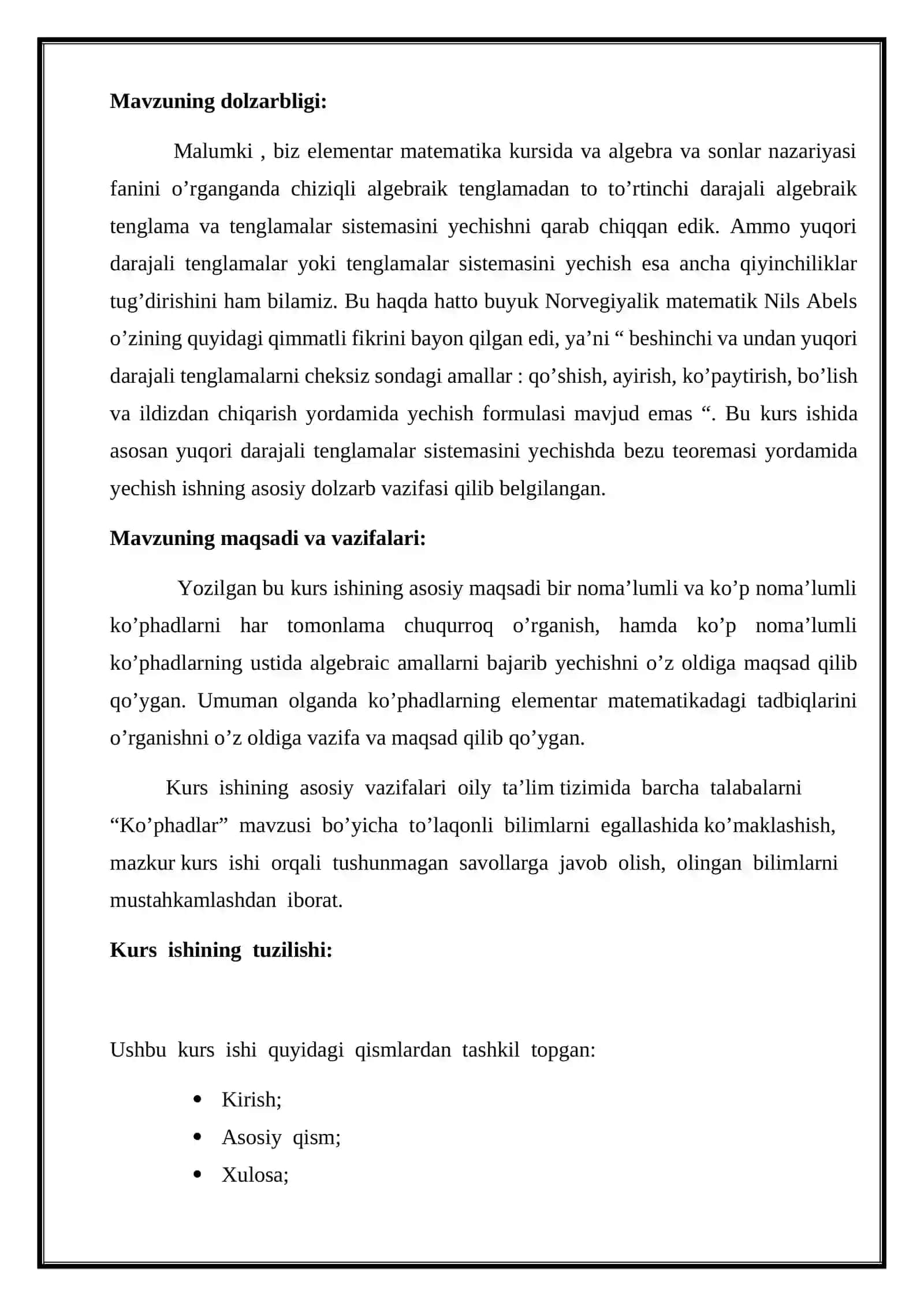 Orifjonova Marhaboning Algebra va sonlar nazariyasi fanidan tayyorlagan KURS ISHI 4