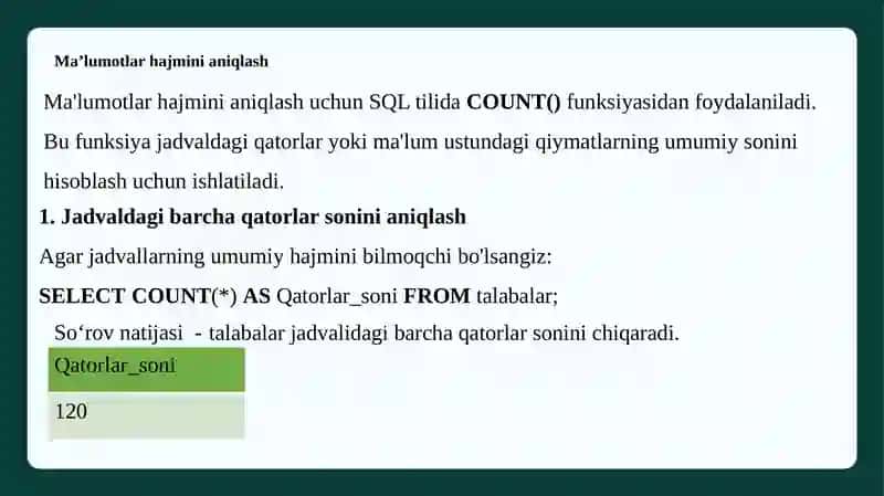 SQLtiliyordamida ma’lumotlarni tavsiflash 4