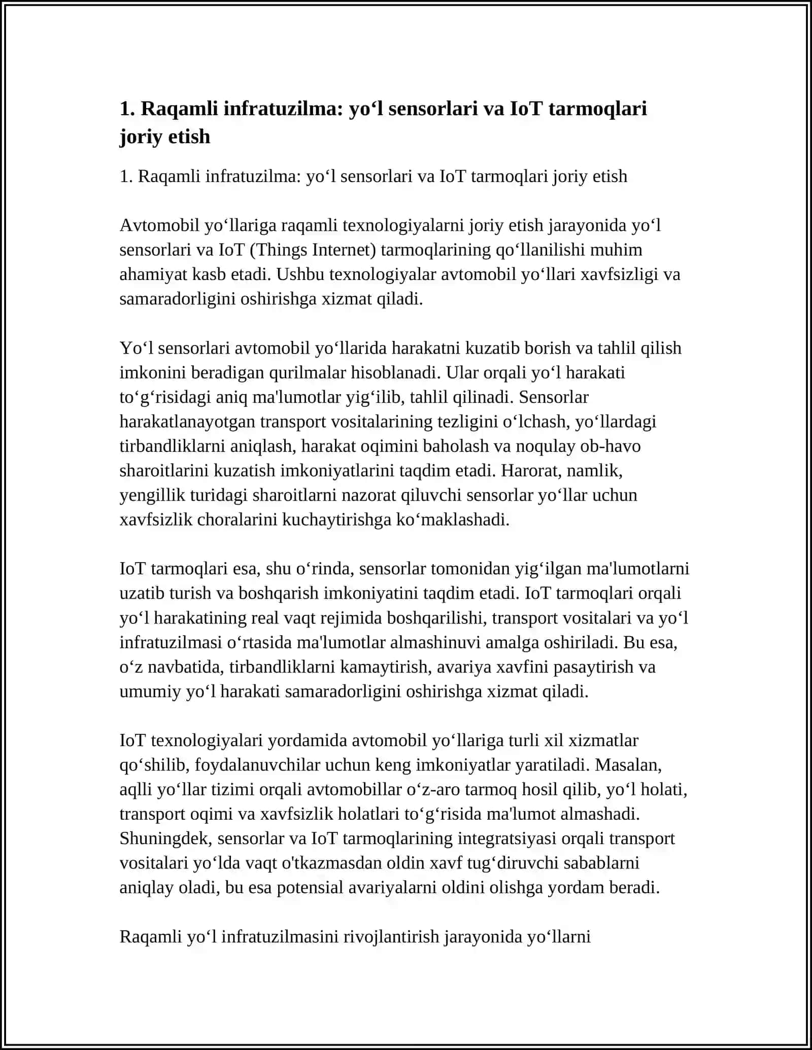 AVTOMOBIL YOLLARIGA RAQAMLI REXNOLOGIYALARNI JORIY ETISH 4