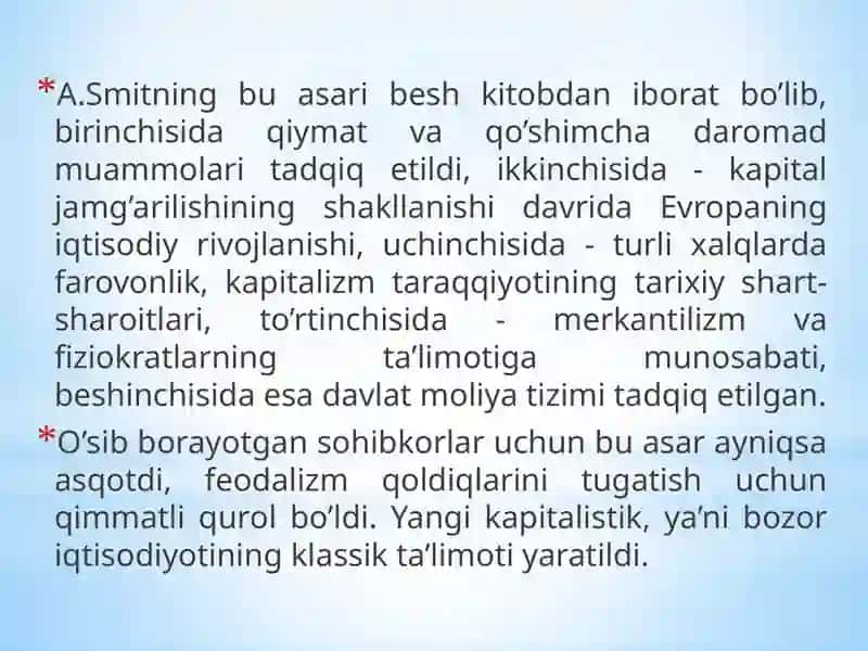 KLASSIK IQTISODIY MAKTABNING TO’LA SHAKLLANISHI. ADAM SMIT VA DAVID RIKARDO IQTISODIY TA’LIMOTLARI 4