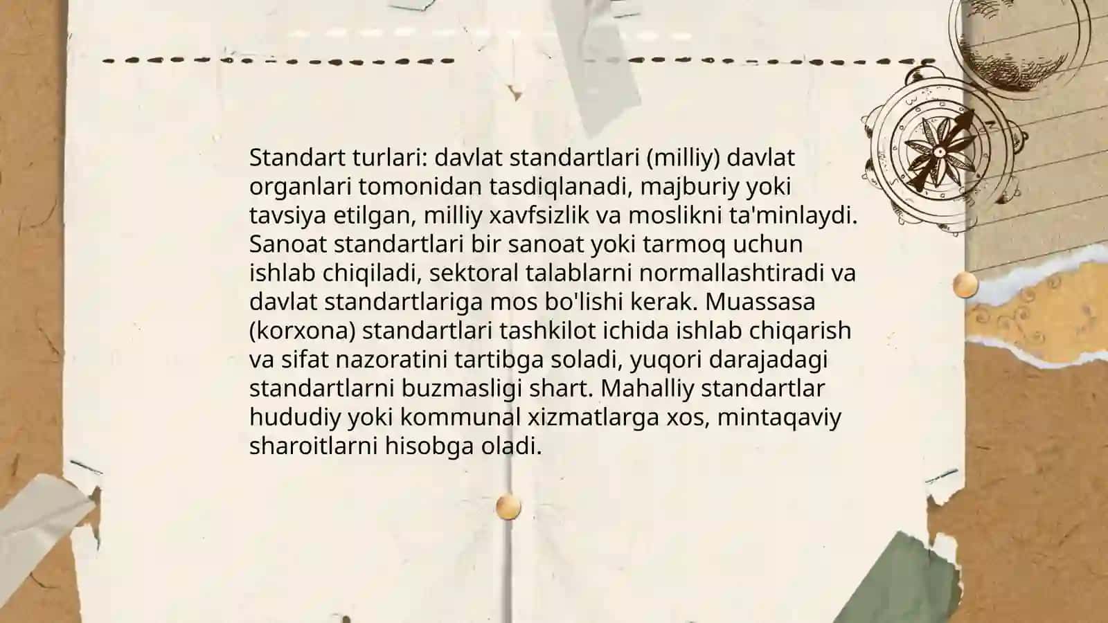 Standart va ularning turlari, ishlab chiqish tartiblari, tasdiqlanishi va royxatdan o'tkazish tartib qoidalarini o'rganish 4