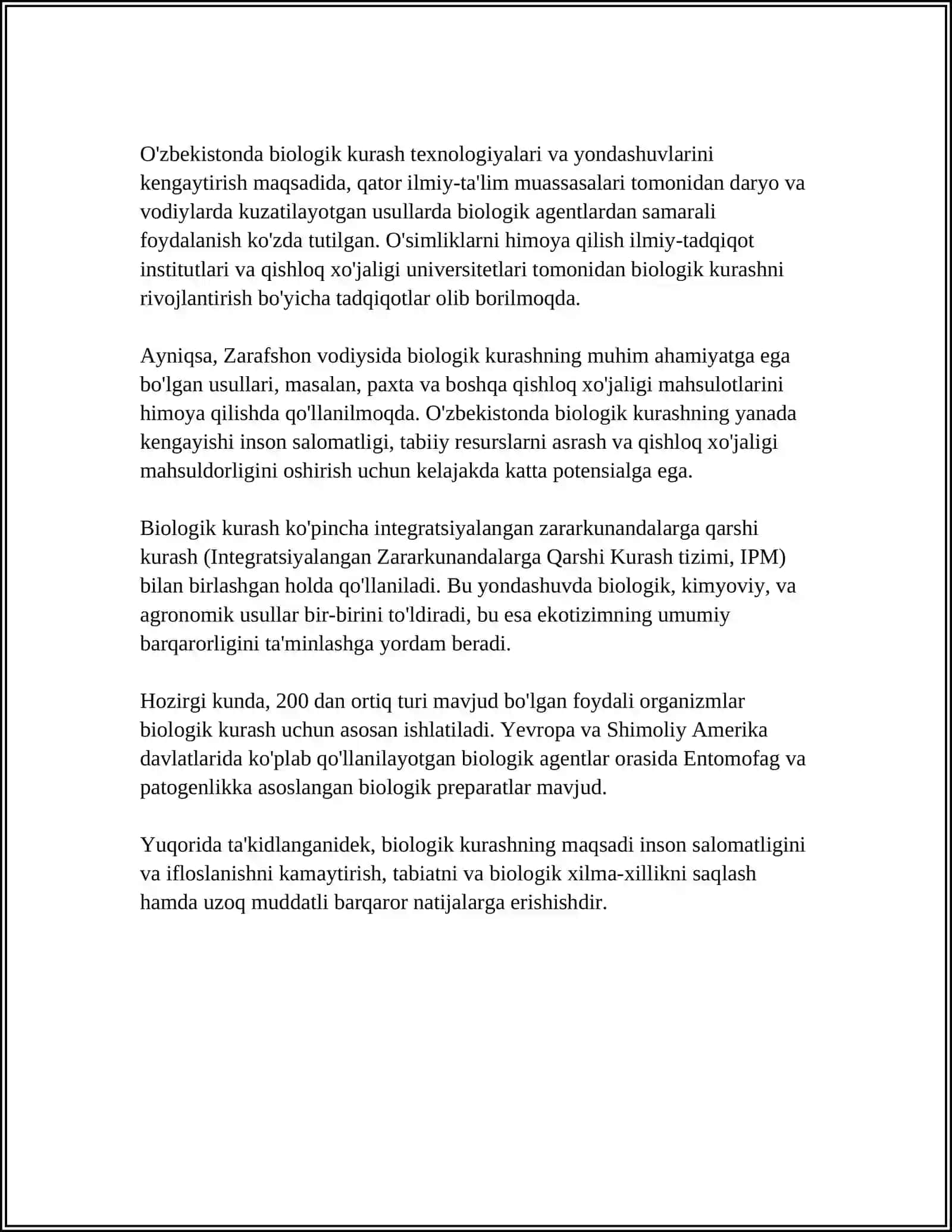 ZARARKUNANDA HASHAROTLARGA BIOLOGIK KURASH CHORALARI 4
