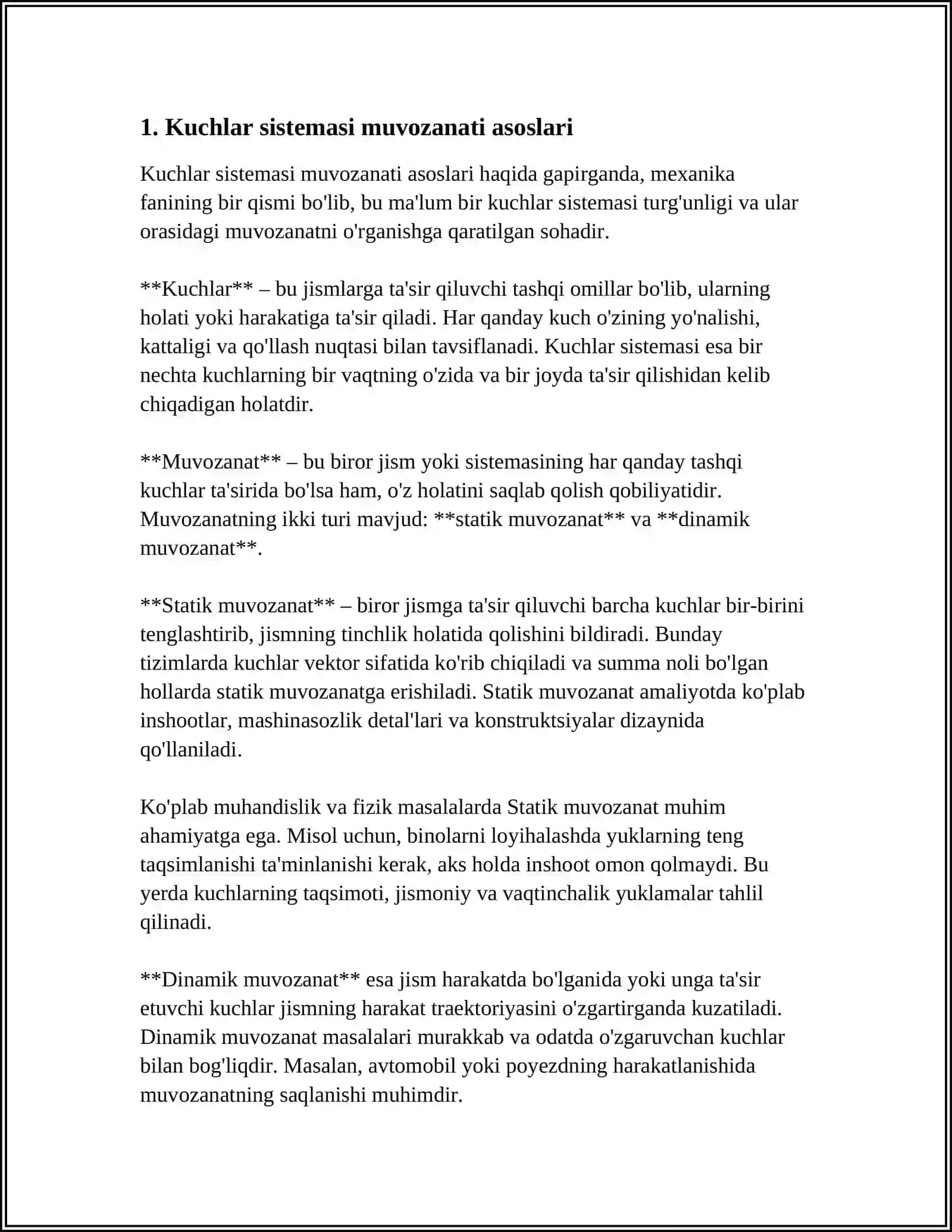 TEKISTLIKDA KUCHLAR SISTEMASINING MUOZANATI SHARTI,MUVOZANAT SHARTLARIGA DOIR MASALALARNI HISOBLASH 4