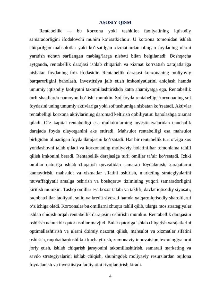 "RENTABELLIK DARAJASI" MAVZUSIDA YOZGAN KURS ISHI 4