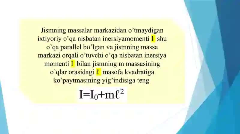 Qattiq jismning inersiya momenti, impuls momenti, kuch momenti 4