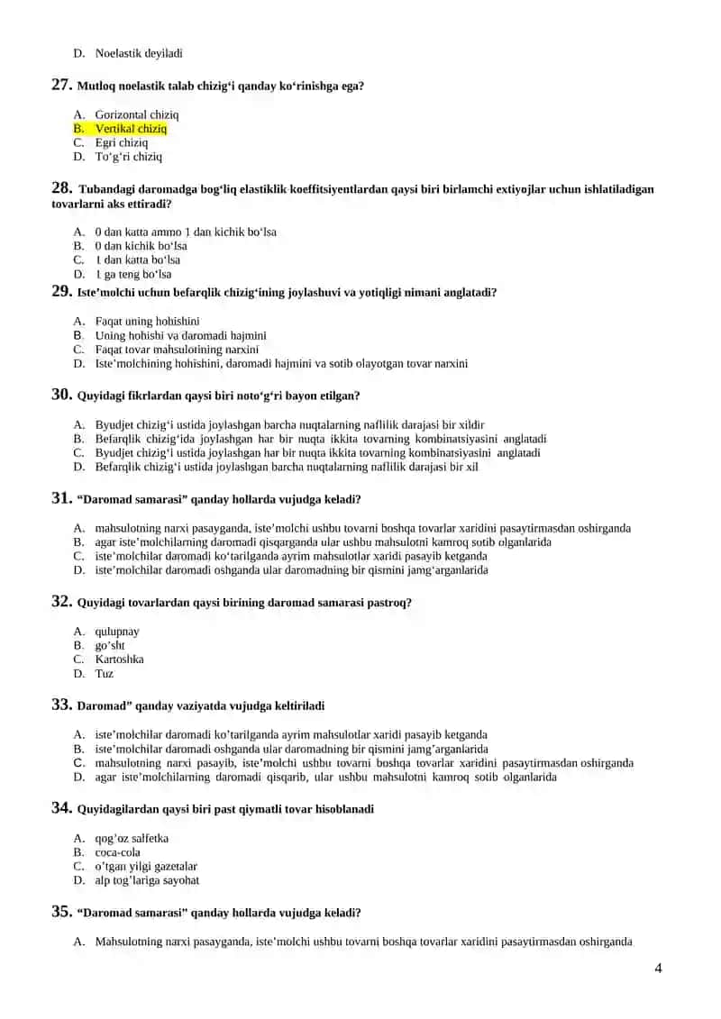 Mikroiqtisodiyot fanidan yakuniy test savollari 4