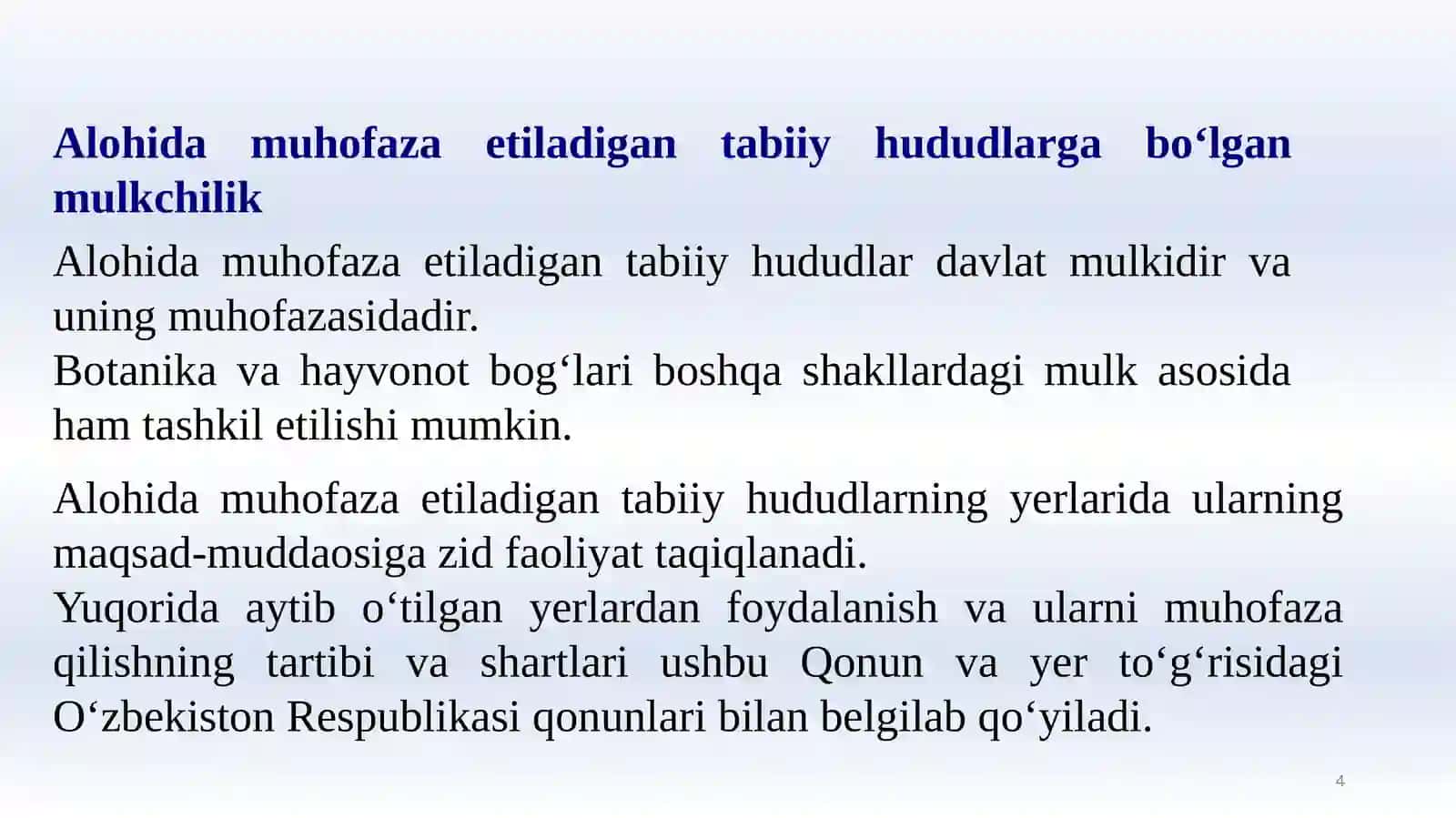 ALOHIDA MUHOFAZA ETILADIGAN HUDUD YERLARI HUQUQIY HOLATI TO’G’RISIDA TUSHUNCHA VA HUQUQIY HOLATINING UMUMIY XUSUSIYATLARI 4