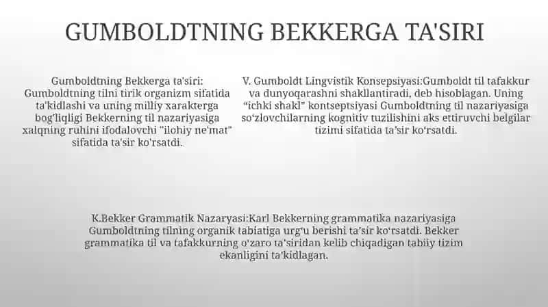 V. Gumboldt Lingvistik Konsepsiyasi, K. Bekker Grammatik Nazaryasi 4