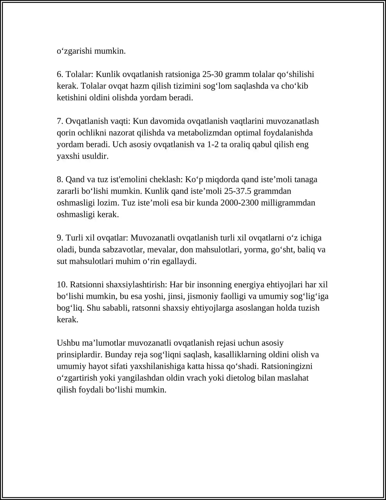 Tana uchun muvozanatli ovqatlanish rejasi 4