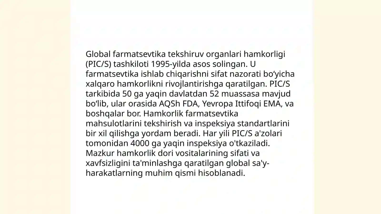 Dori vositalarining sifatini ta'minlash bo'yicha nazorat qiluvchi organlarning global hamkorligi 4