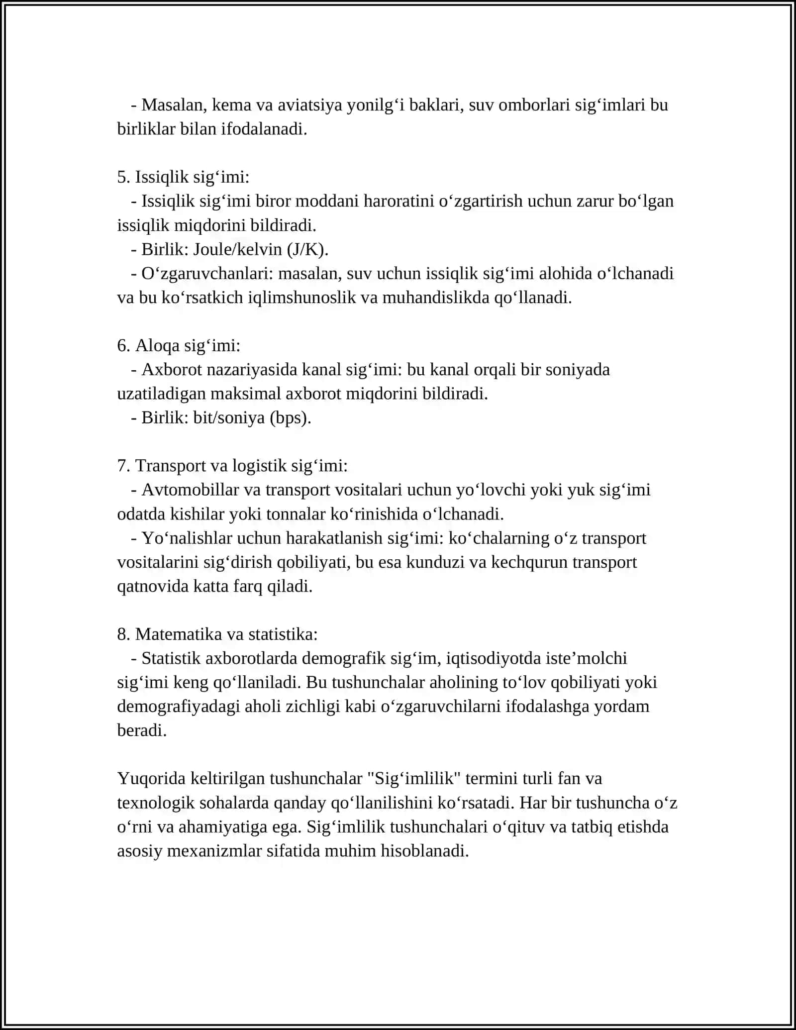 SIG‘IMLILIK VA UNING O‘LCHASH BIRLIGIGA XOS TIMSS TOPSHIRIQLAR ISHLAB CHIQISH 4