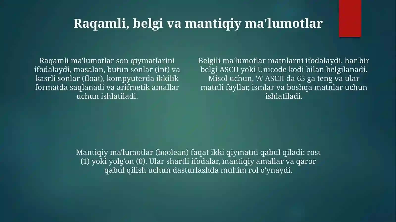 Ma'lumotlarni ifodalash bosqichlari. Ma'lumotlar toifalari 4