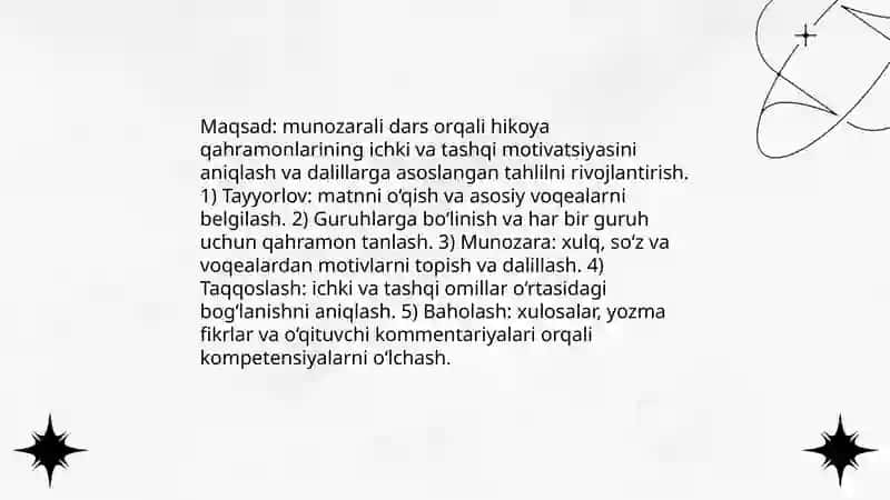 Badiiy asar matni tahlili (she'r, hikoya matnini tahlil qilishda munozarali dars metodidan foydalanish) 4