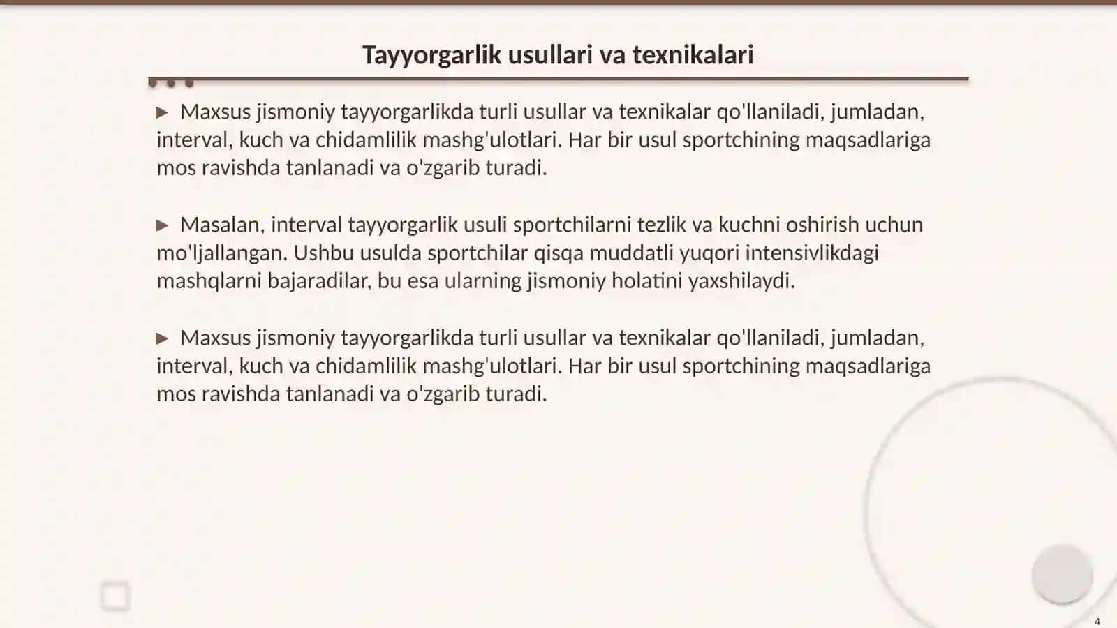 Maxsus jismoniy tayyorgarlik mashg'uloti 4