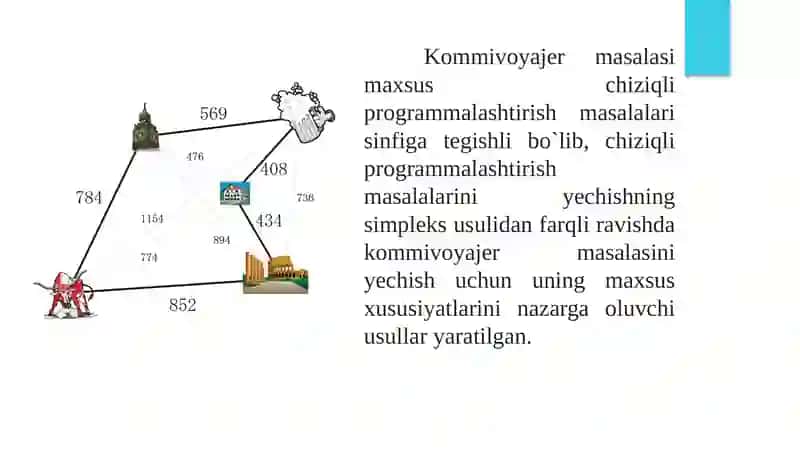 Graf erkin uchlarini ajratish masalasi. Kommivoyajer haqidagi masala. Qatorlar yig’indisini hisoblash. To’plam ostilarini yig’indisini hisoblash. 4