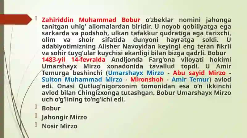 ZAHIRIDDIN MUHAMMADBOBUR HAYOTI VA ADABIY FAOLIYATI 4