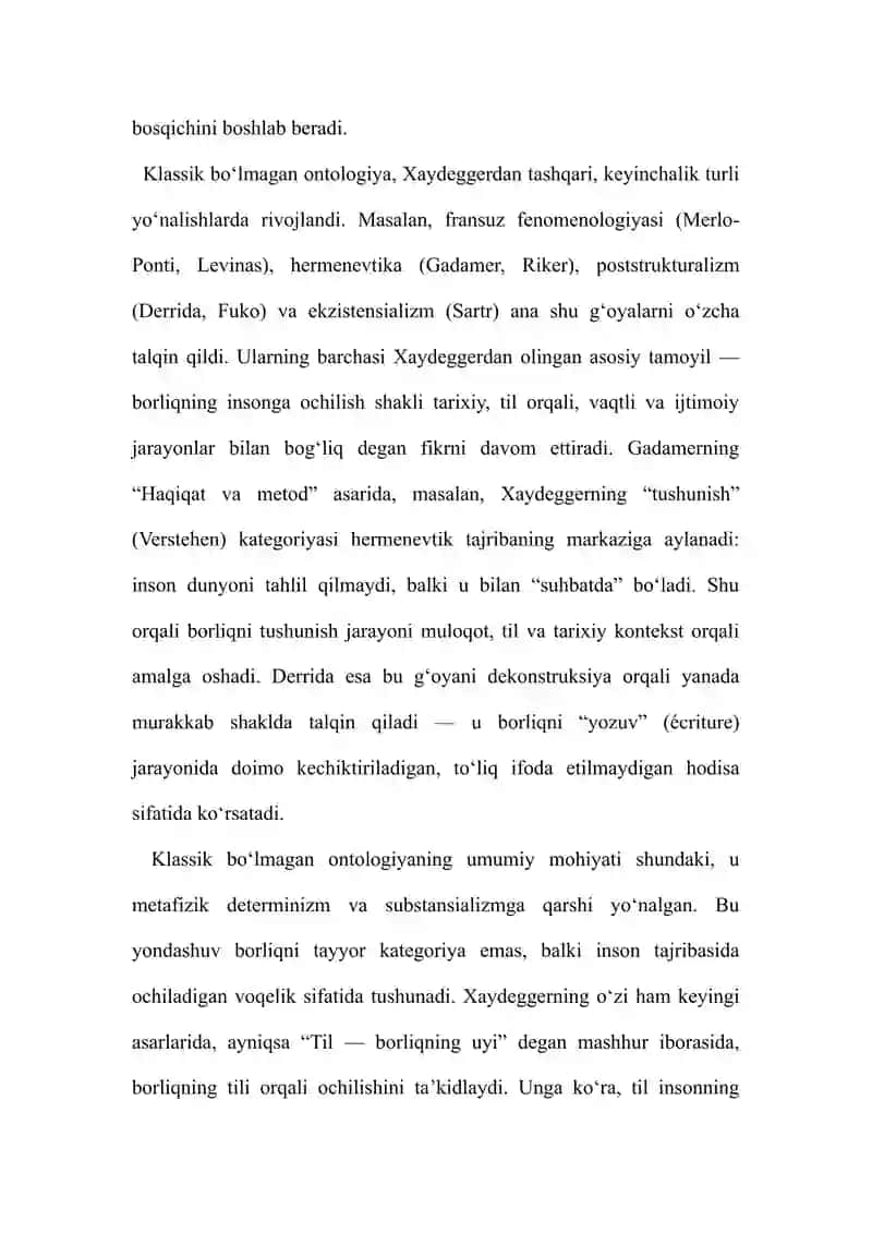 MAVZU: KLASSIK BO‘LMAGAN ONTOLOGIYANING YO‘NALISHLARI VA MOHIYATI (M. XAYDEGGERNING “BORLIQ VA VAQT” 4