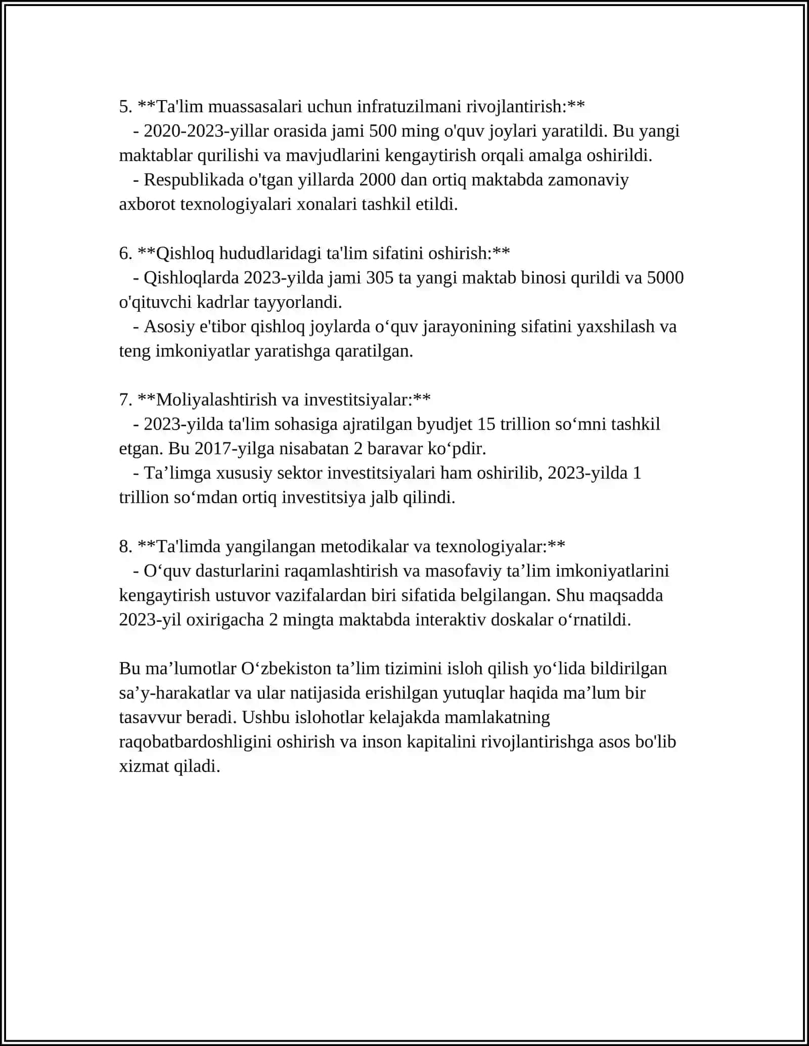 MUSTAQILLIK YILLARIDA OʻZBEKISTON RESPUBLIKASIDA TAʼLIM SOHASIDA AMALGA OSHIRILGAN ISLOHOTLAR 4