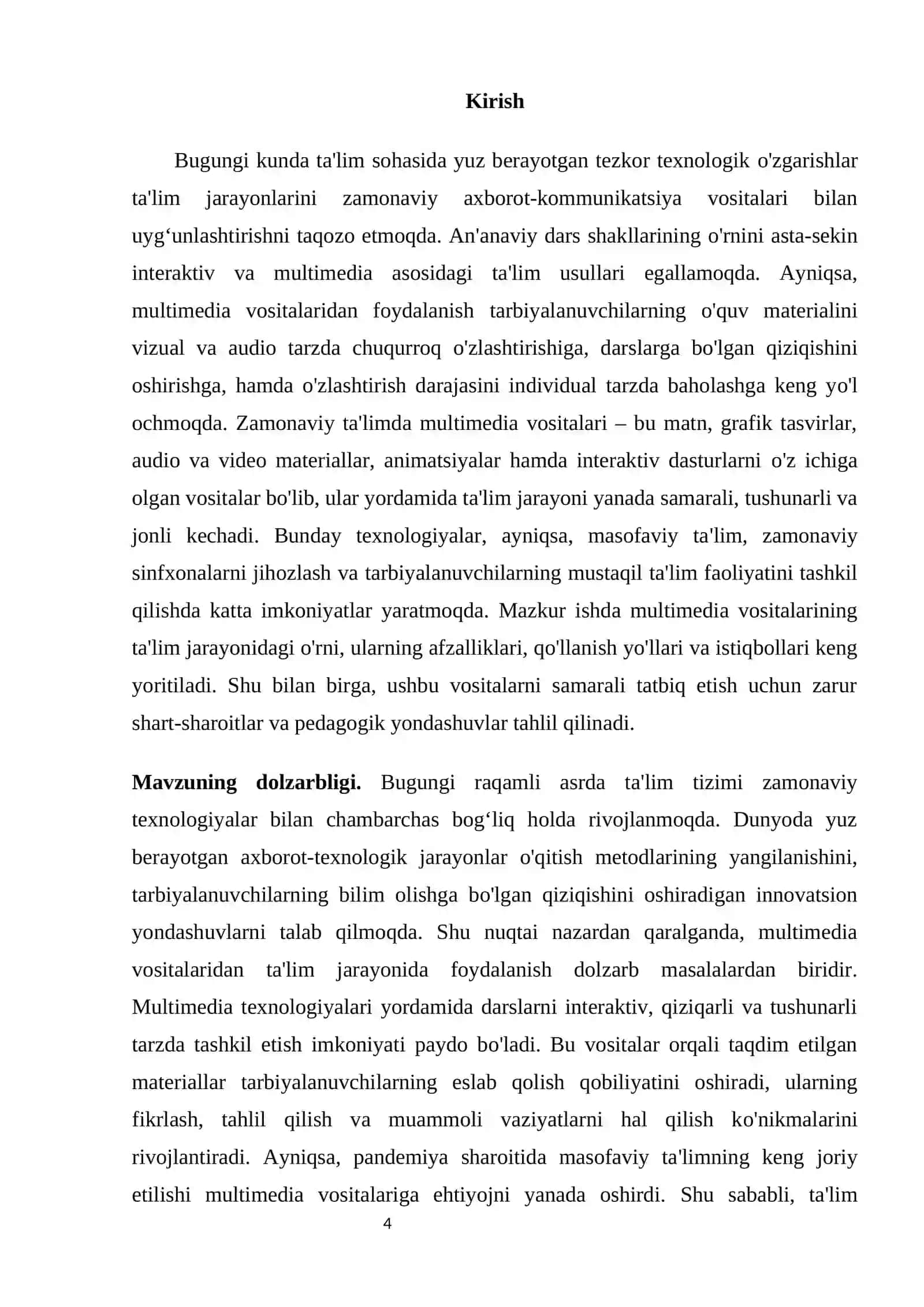 “Zamonaviy ta'lim jarayonlarini tashkil qilishda multimedia vositalarini o'rni” mavzusida bajarilgan MALAKA ISHI 4