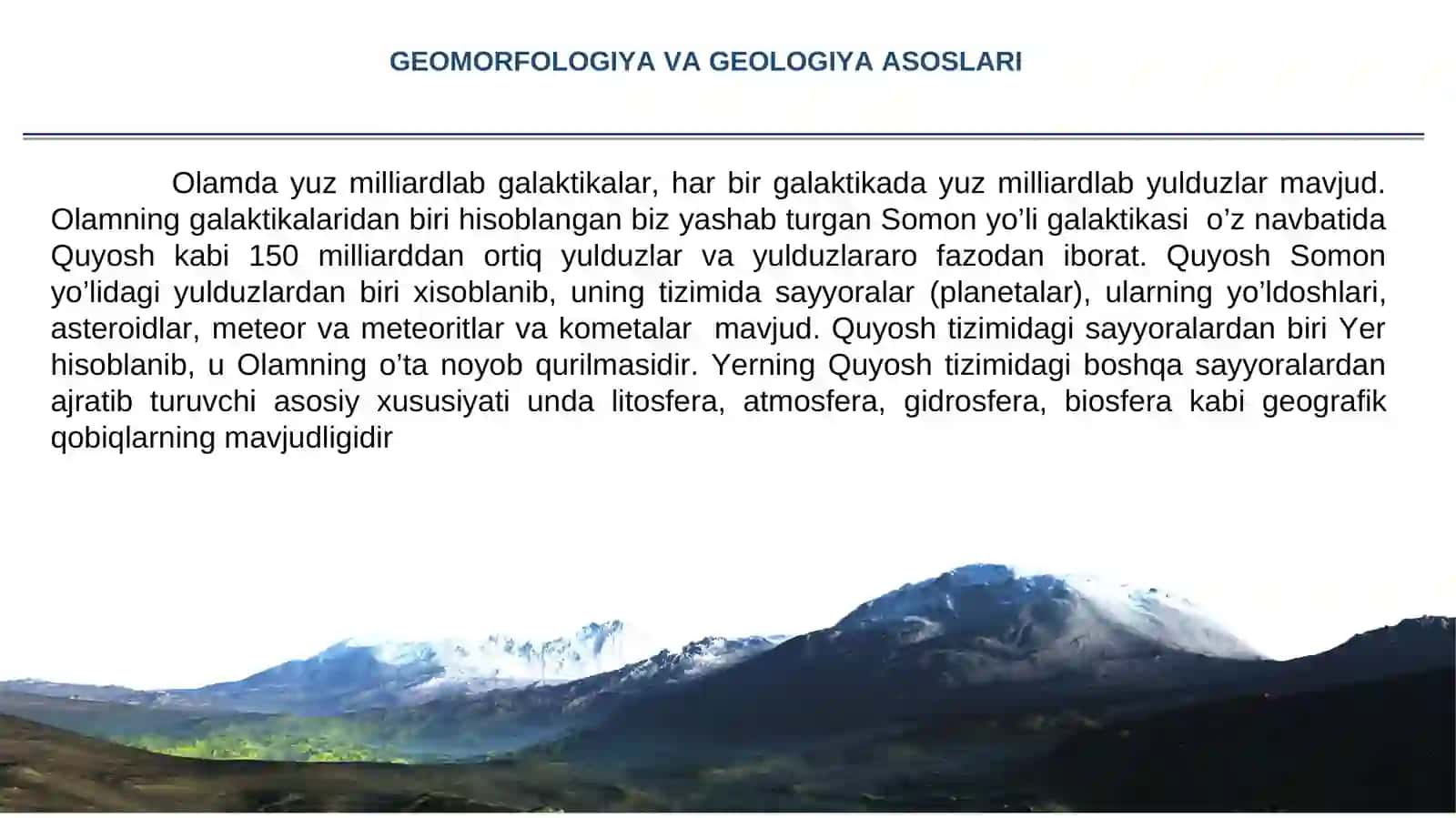 Yer sharining koinotda tutgan o‘rni. Osmon yoritgichlari haqida tushuncha. Quyosh tizimi 4