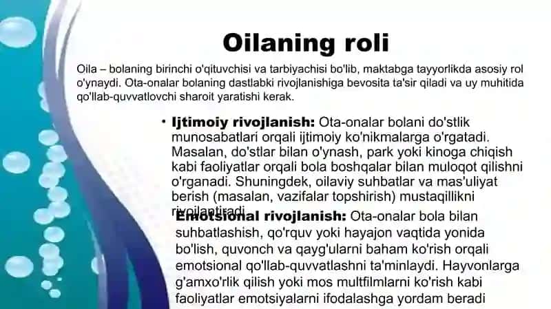Bolani maktabga tayyorlashda oilaning va maktabgacha ta’lim tashkilotining o’rni 4